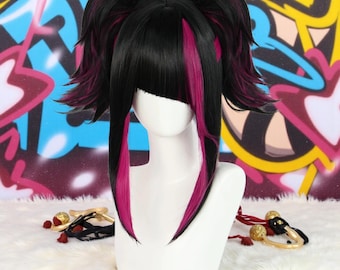 Peluca de cosplay negra y roja inspirada en Han Juri, cabello sintético liso con coletas dobles, peluca de anime resistente al calor.