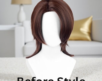 Peluca corta, lisa y marrón estilo anime para hombre, con raya al medio, sintética y resistente al calor, ideal para uso diario y disfraces de fiesta.