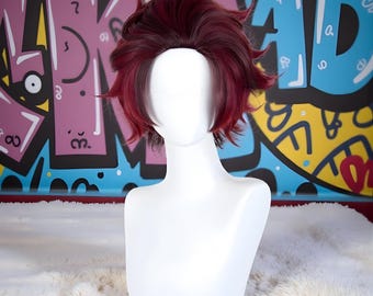 Peluca de cosplay de Kamado Tanjiro, 32 cm, color marrón rojizo, pelo sintético resistente al calor para Halloween.