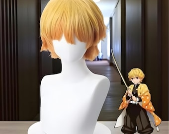 Peluca de cosplay con degradado de amarillo a naranja, inspirada en Demon Slayer, cabello sintético corto resistente al calor para disfraces de anime y juegos de rol.