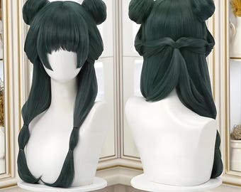 Peluca de cosplay de anime verde oscuro, inspirada en The Apothecary Diaries, cabello sintético resistente al calor con gorro, peluca de disfraz estilo Maomao.