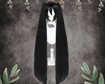 48 Inch Twin Tail Cosplay Wig Black, Ultra Long Straight Anime Wig with Bangs, Ponytail Costume Wig