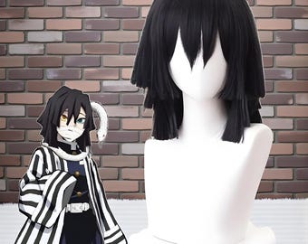Peluca de cosplay de Iguro Obanai, peluca corta negra con flequillo de Demon Slayer, disfraz de Anime Kimetsu No Yaiba.