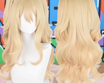Peluca rubia ombré, larga, ondulada, con doble cola de caballo y flequillo, pelo sintético esponjoso y resistente al calor para juegos de anime, cosplay y uso diario.