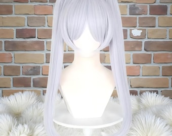 Peluca corta de cola de caballo doble, color blanco plateado, estilo Frieren, sintética de alta calidad para cosplay y anime, para mujer.