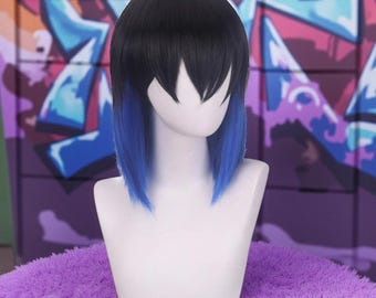 Peluca de cosplay azul ombré inspirada en Inosuke, cabello sintético corto resistente al calor, peluca de anime para disfraz para mujeres y hombres.