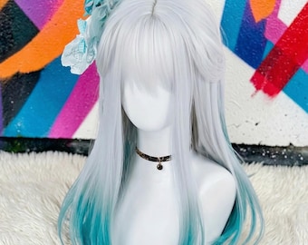 Blue White Gradient Wig with Ponytail, Anime Cosplay Synthetic Hair Wig, Straight Bangs Y2K Party Wig