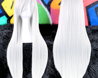 Silver White Long Anime Wig Straight, Synthetic Cosplay Wig with Bangs, Halloween Costume Party Wig