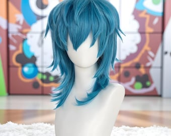 Peluca azul lisa de longitud media, inspirada en Sally Face. Peluca sintética para cosplay de Halloween, carnaval y convenciones de cómics.