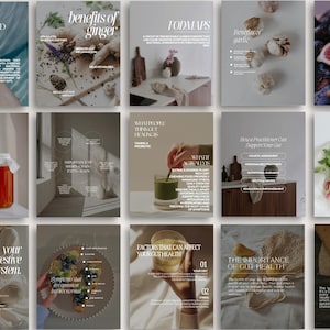 May include: A series of square infographics with text and images on health and wellness. The topics include gut health, fermented foods, and the benefits of ginger. The colour palette is neutral with pops of colour from the food.