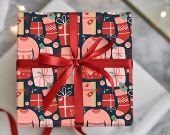 Skurril rosa, rot, marine Weihnachtspapier, süßes Weihnachtsgeschenkpapier, saisonale Geschenkverpackung, bunte Weihnachtsdesign-Geschenkverpackung, Spaß Weihnachten