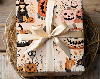 Halloween-cadeaupapier, speels en griezelig cadeaupapier, leuk herfst-Halloween-papier, kerstpapier met pompoenen en spoken, cadeaupapier voor een Halloweenfeest.