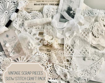 Vintage Slow Stitch Scrap Pack, Junk Journal Supplies Bundle, Antique Lace Buttons Ribbons, Textile Art Grab Bag, Mixed Media Fabric Scraps