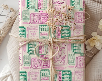 Carta da regalo con scatola di sardine rosa menta, carta da regalo con pesce in scatola pastello, carta da regalo costiera mediterranea, carta da regalo per inaugurazione della casa per buongustai, stile costiero femminile