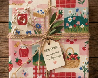 Geschenkpapier mit Erdbeer- und Kirschmotiven, Geschenkpapier für den Wochenmarkt, Geschenkpapier für den Junggesellinnenabschied, Geschenkpapier für sommerliche Geburtstage für sie