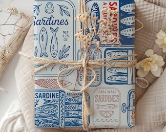 Carta da regalo con motivo sardine in scatola, confezione regalo con pesce in scatola, confezione regalo a tema mediterraneo, carta da regalo vintage blu con sardine, confezione regalo per buongustai