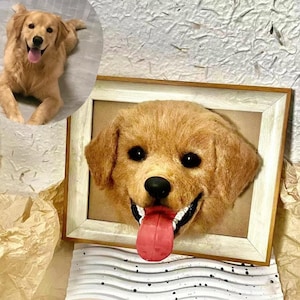 Custom 3D Wool Felt Dog Portrait in Woode Frame,Needle Felted Golden Retriever Portrait,Dog Loss Memorial Gift,Golden Retriever Lovers Gift