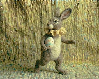 Handgemachter Nadel gefilzter Hase mit Osterei - Vintage gefilzte Tierfigur, Geschenk zum Vatertag