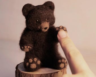 Needle Felted Black Bear Cub, Wool Animal Sculpture, Nursery Decor, Father's Day gift