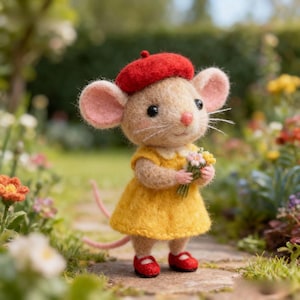 Puede incluir: Una figura de ratón artesanal con boina roja, vestido amarillo y zapatos rojos, sosteniendo un pequeño ramo de flores. El ratón tiene orejas rosas y una larga cola, sobre un fondo de jardín borroso.