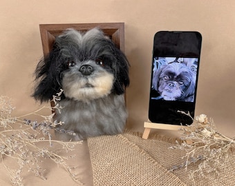 Custom Needle Felted Dog Portrait - Shih Tzu Memorial Gift in Wooden Frame