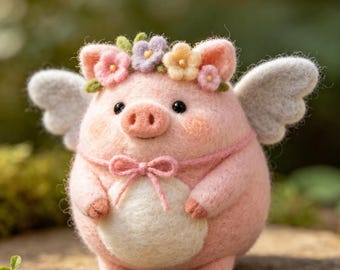 Naaldvilten engelvarken met bloemkroon en vleugels, handgemaakt wollen cottagecore-decor, schattige plankoppas, cadeau varkensliefhebber, Vaderdagcadeau