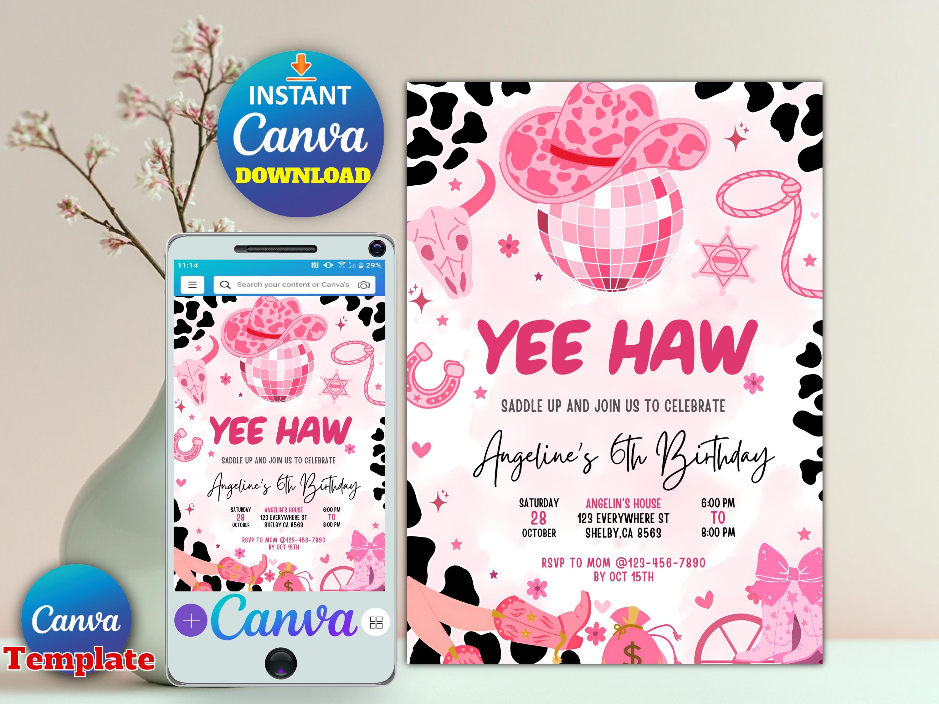 Editable Pink Cowgirl Birthday Invitation | Rodeo Yee Haw Party Invite | Printable Space Cowgirl Birthday Template | Editable in Canva