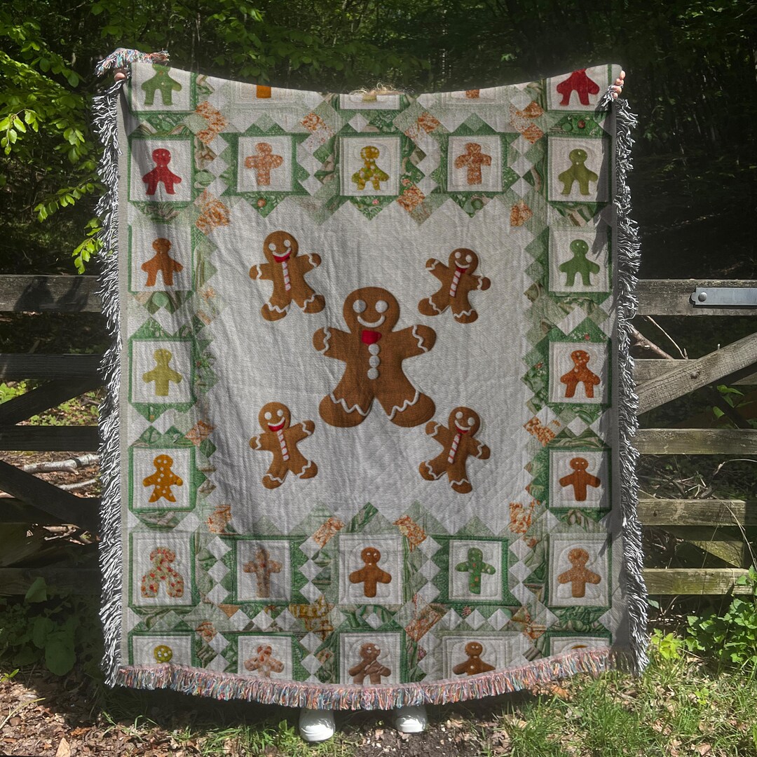 Retro Folk Art Gingerbread Woven Throw Cotton Throw Family Portrait ...