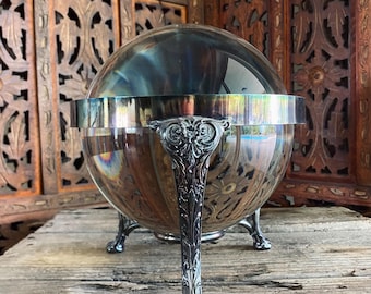 Vintage Silver Floral Crystal Ball Stand: Ornate Altar Decor