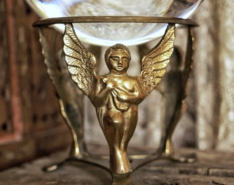 BRASS ANGEL STAND Crystal Sphere Holder Metaphysical Fortune Teller Ball Elegant Display Solid Base