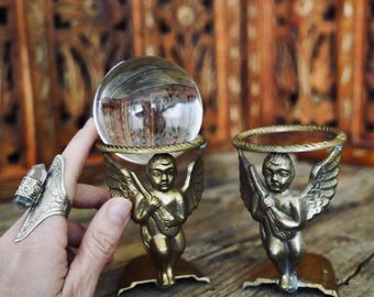 Vintage Brass Cherub Crystal Ball Stand: Angel Sphere Holder, Witchcraft Altar Decor