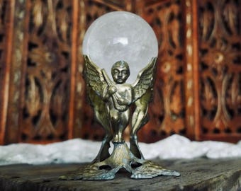 Vintage Brass Cherub Crystal Ball Stand: Altar Decor