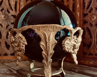 Vintage Brass Grape Cluster Stand Orb Crystal Ball • Brass Display • Ornate Sphere Holder Gazing Balls, Altars, Angel Decor