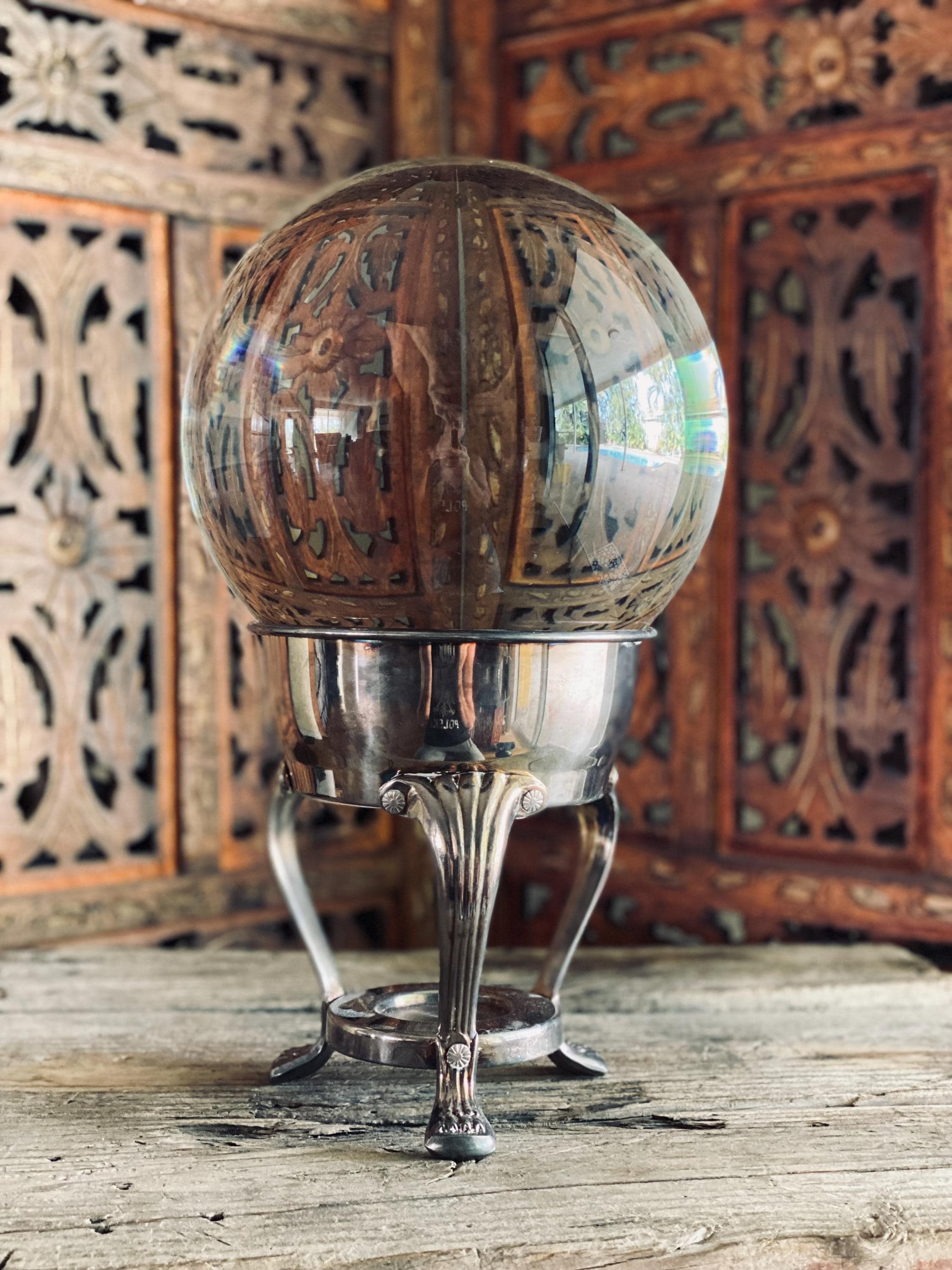 Vintage Crystal Ball Stand * Silver Footed Display Base *