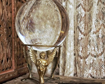 Vintage Brass Angel Lute Playing Cherub Orb Crystal Ball • Brass Display • Ornate Sphere Holder Gazing Balls, Altars, Angel Decor