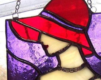 Red Hat Lady Custom-Order Stained Glass Purple and Red Suncatcher, Handmade, Window Hanging, Wall Decor, Home Decor, Unique Gift Idea