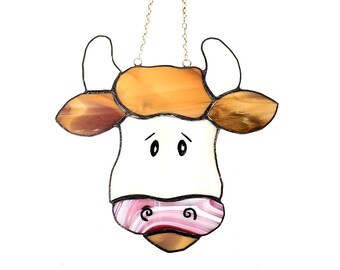 Stained Glass Pink, White and Brown Whimsical Cow Handmade Suncatcher, Ornament, Unique Gift Idea, Window Hanging