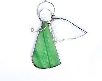 Stained Glass Green Miniature Angel Suncatcher With Charm/Tiffany Gift for Him Her/Christmas Ornament/Angel Hanging/Catholic Decoration