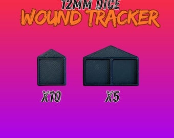 Könnte beinhalten: Zwei schwarze 12 mm Würfel-Wundentracker. Der größere Tracker hat zwei Fächer und sagt "X5". Der kleinere Tracker hat ein Fach und sagt "X10".