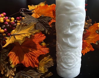 Skull and Raven Decorative Pillar Candle, Dark Academia Gothic Home Decor, Unique Halloween Accent, Housewarming Gift, Handmade Candle