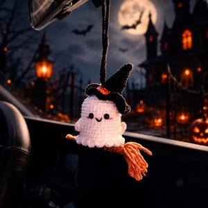 Cute Ghost Car Charm, Ghost On A Swing Car Charm, Crochet, Halloween Car Accessory, Car Ornament, Mirror Accessory, Halloween Gift
