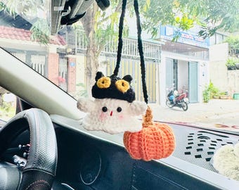 Handmade Crochet Ghost And Pumpkin Car Charm, Crochet Ghost Car Hanging, Ghost Car Charm, Halloween Gift, Halloween Car Accessory