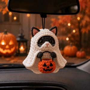 May include: A crocheted cat ornament hanging from a rearview mirror. The black and white cat is wearing a white ghost costume with a hood and is holding a small, orange, crocheted jack-o'-lantern bucket with a black face design.