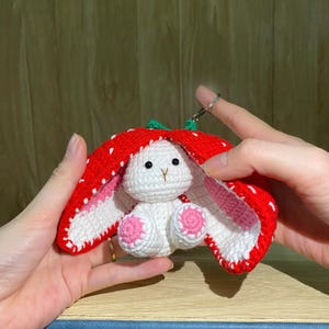 Handmade Crochet Bunny in Strawberry Plush – Cute Big-Eared Rabbit Toy, Easter Bunny Gift, Adorable Strawberry Bunny Plushie, Bunny keychain