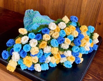 かぎ針編みの花束ブランケット、手作りのかぎ針編みのバラの花束