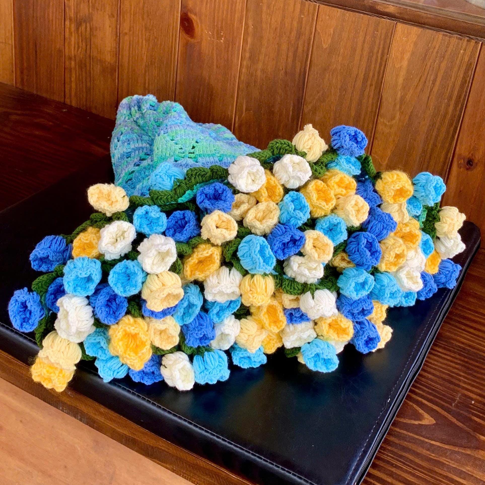 かぎ針編みの花束ブランケット、手作りのかぎ針編みのバラの花束