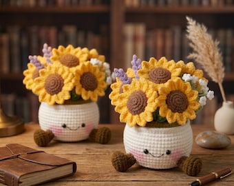 May include: Two crochet sunflower arrangements in white pots with smiling faces. The sunflowers are yellow with brown centers, and the pots have small brown heart-shaped feet. The background includes a wooden desk and a bookshelf.