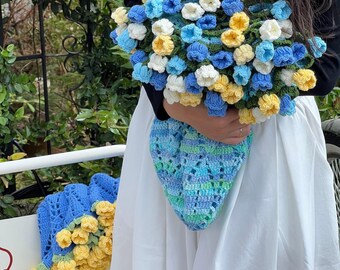 かぎ針編みの花束ブランケット、手作りのかぎ針編みのバラの花束