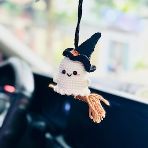 Cute Ghost Car Charm, Ghost On A Swing Car Charm, Crochet, Halloween Car Accessory, Car Ornament, Mirror Accessory, Halloween Gift