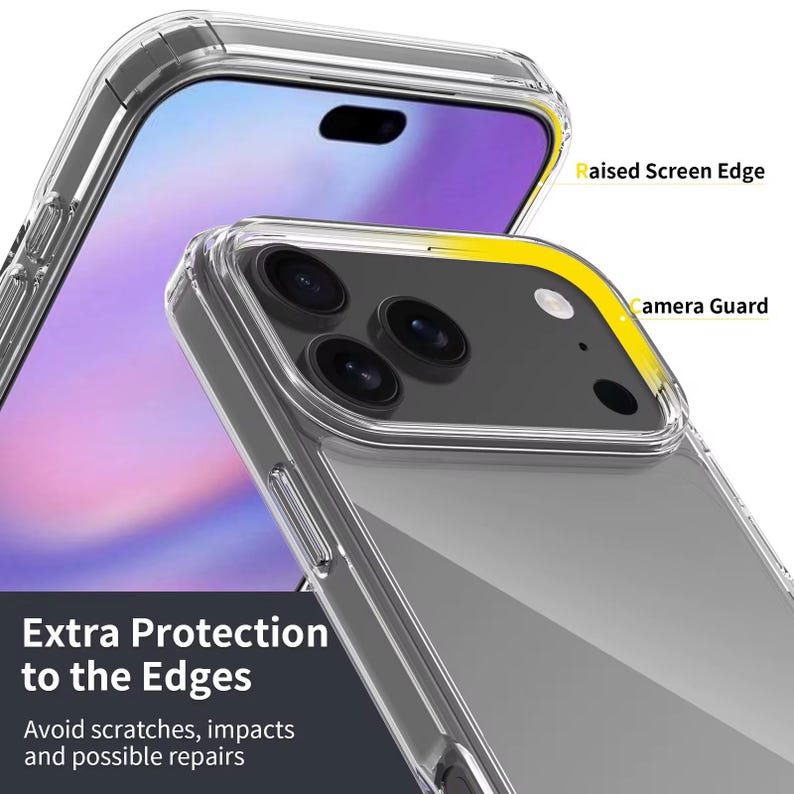 May include: Clear phone case with a raised screen edge and camera guard. The case is designed for extra protection to the edges, avoiding scratches, impacts, and possible repairs. The text on the image reads: Extra Protection to the Edges. Avoid scratches, impacts and possible repairs.